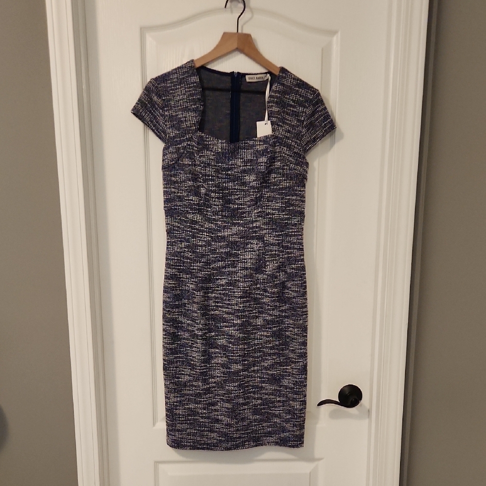 Grace Karin Blue Tweed Midi Dress